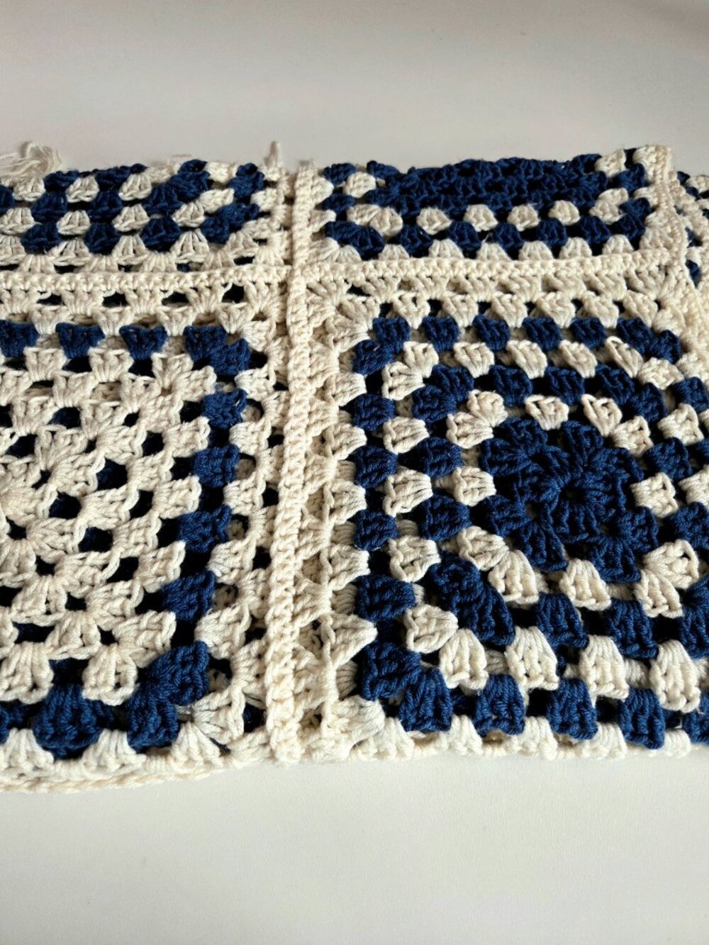 Large Handmade Granny Square Throw Afghan Blanket Blue Beige Boho Cozy Fringes - Picture 6 of 7